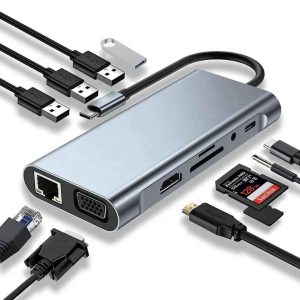 Hub USB Type-C 10-en-1 – Station d’accueil multifonction avec HDMI, VGA, USB 3.0, SD, Audio, RJ45 et plus