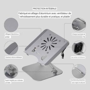 Support Réglable pour Ordinateur Portable avec Ventilateur – Aluminium, Ergonomique et Refroidissant