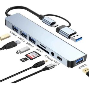 Hub USB/USB-C 8 en 1 – Multiport Universel avec USB 3.0, Lecteurs de cartes, Audio et Charge